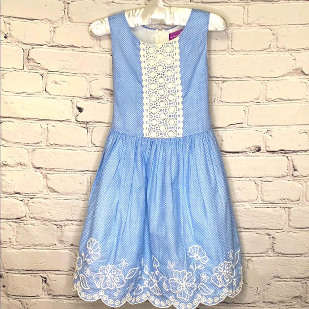 Shrinking Violet Blue White Polka Dot Embroidered Dress Girl’s Size 6